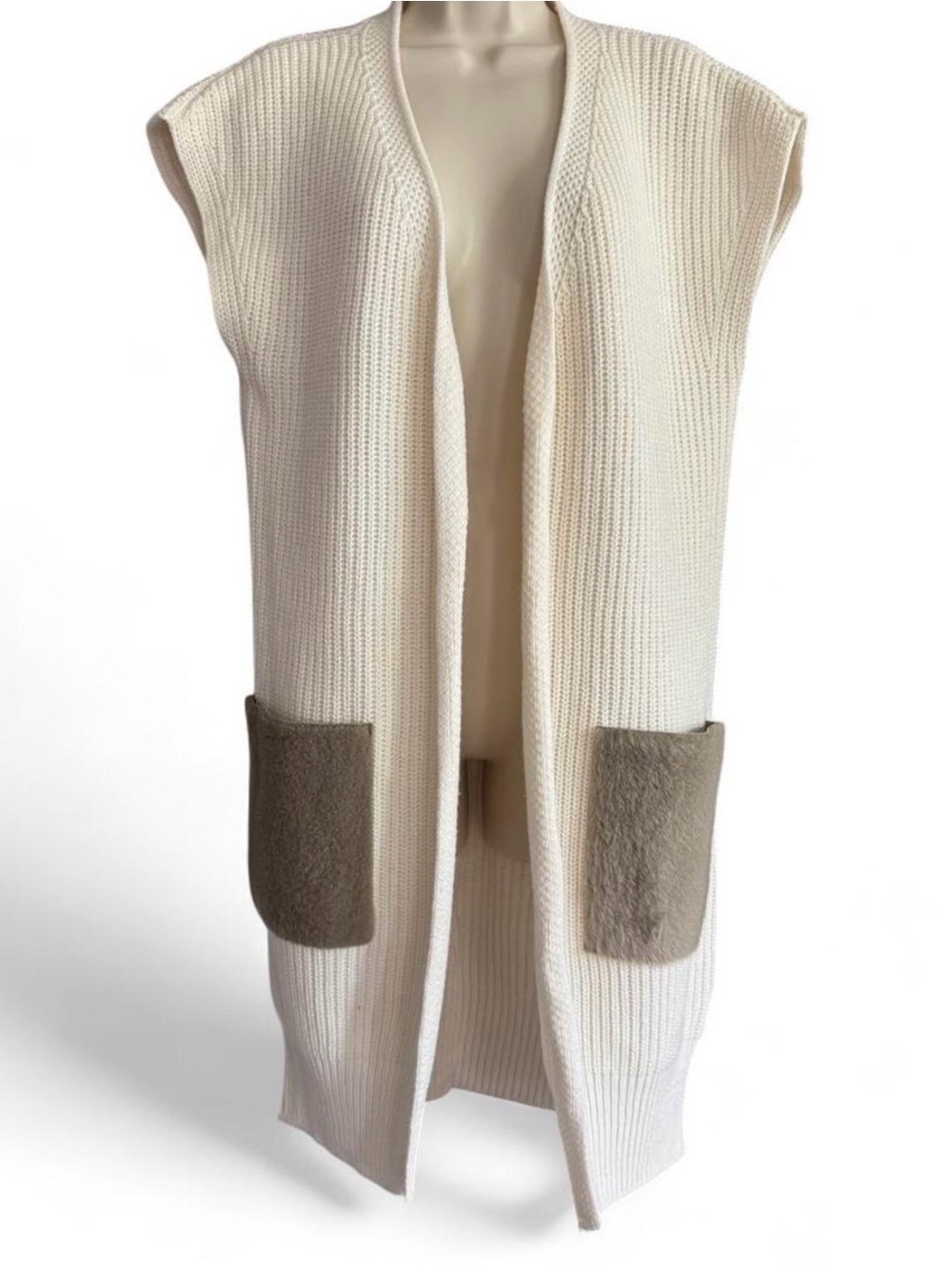 Eleventy Italy Cashmere Wool Longline Sweater Vest Suede Pocket Cardigan S